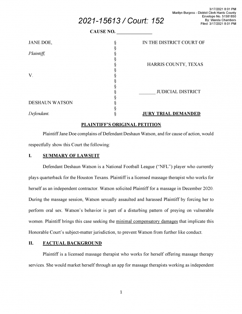 civil complaint against deshaun watson